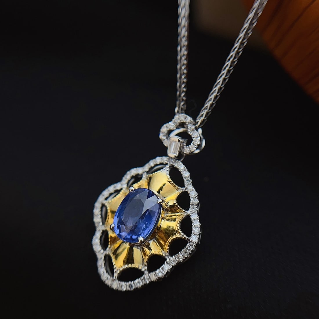 14k Gold 1.60 Ct Natural Sapphire & Diamond Pendant( Without Chain ) - 3