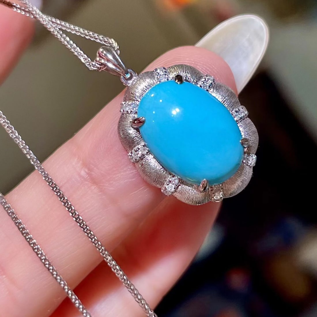 14k Gold 5.21 Ctw Natural Blue Turquoise & Diamond Pendant( Without Chain ) - 2