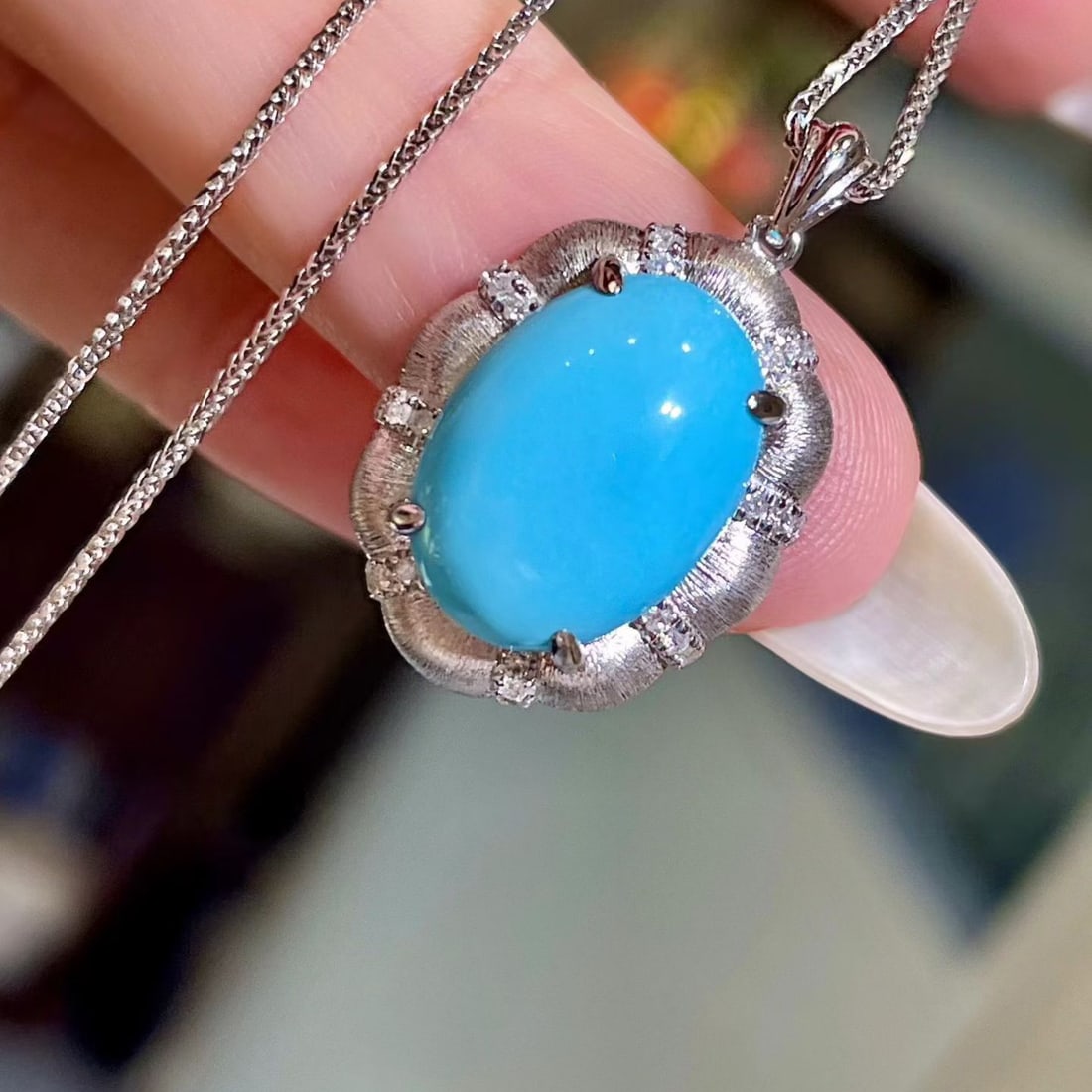 14k Gold 5.21 Ctw Natural Blue Turquoise & Diamond Pendant( Without Chain ) - 3