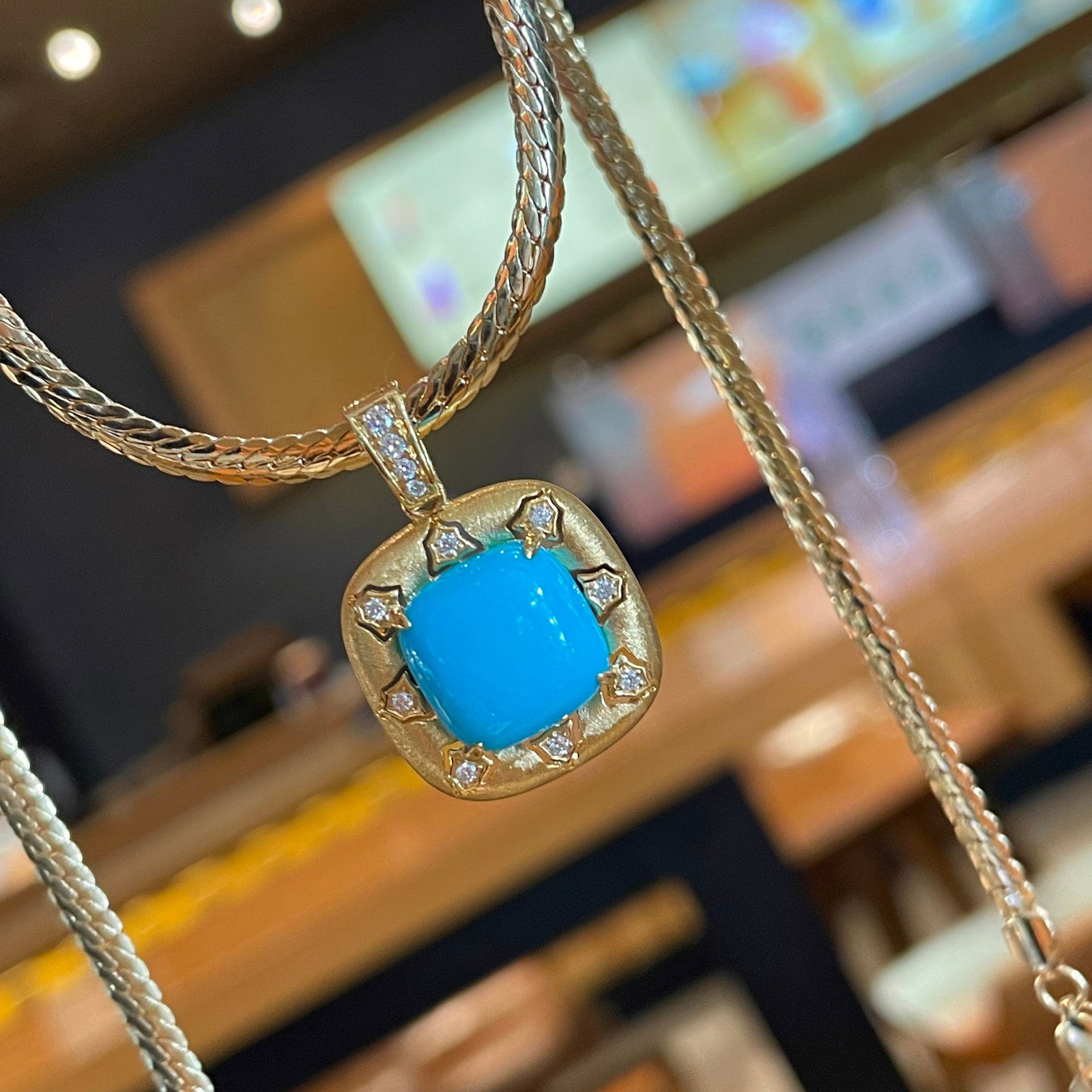 14k Gold 5.96 Ctw Natural Blue Turquoise & Diamond Pendant( Without Chain ) - 2