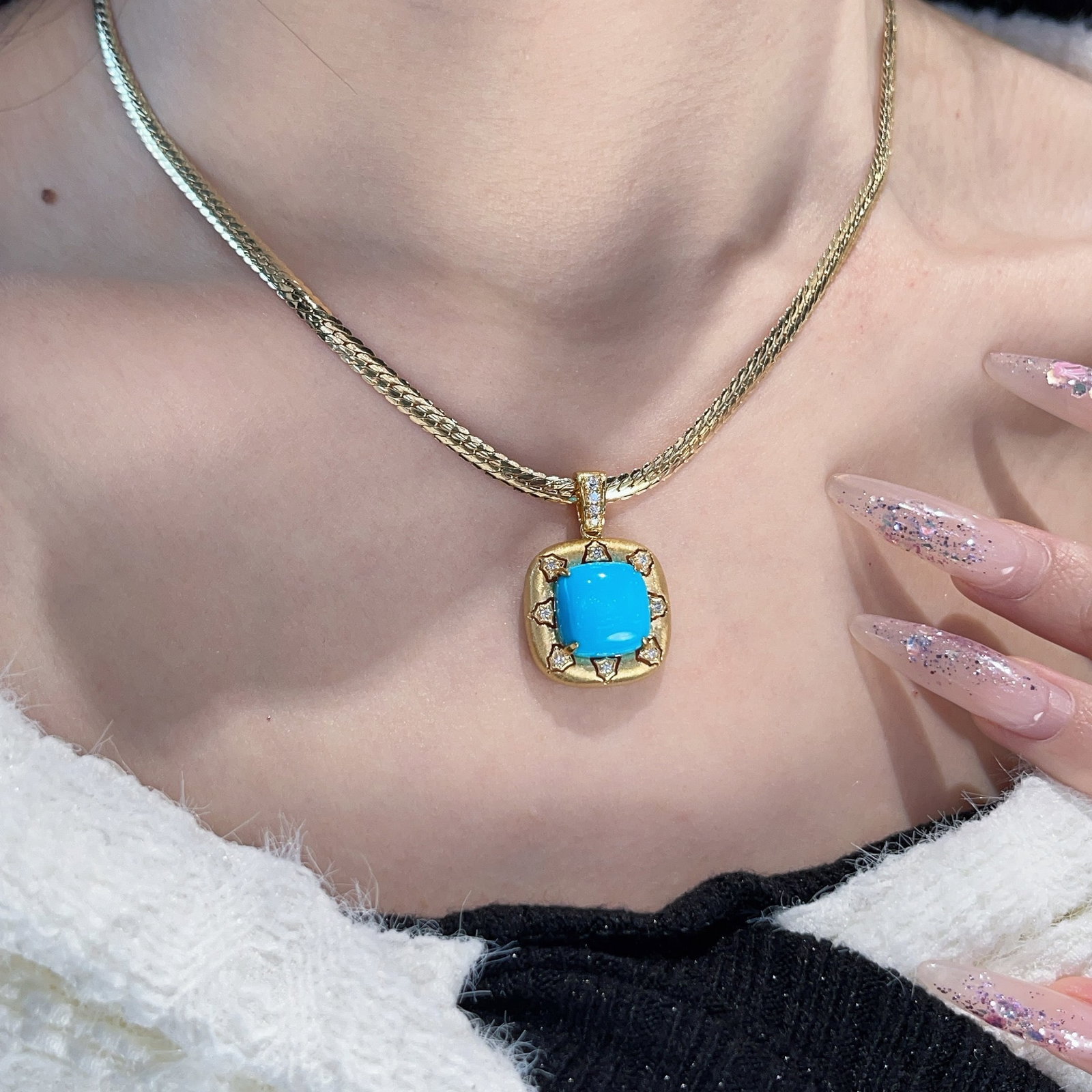 14k Gold 5.96 Ctw Natural Blue Turquoise & Diamond Pendant( Without Chain ) - 3