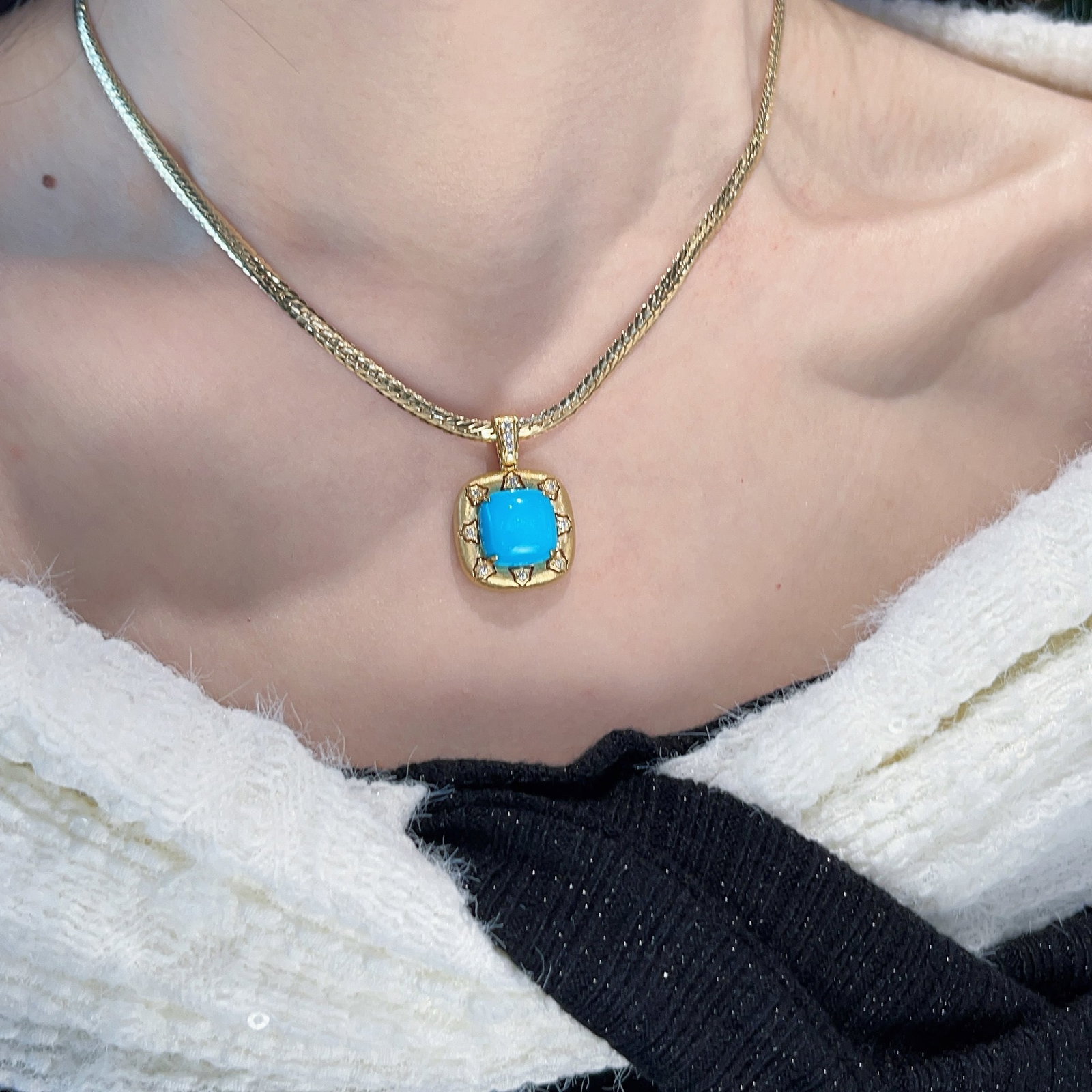 14k Gold 5.96 Ctw Natural Blue Turquoise & Diamond Pendant( Without Chain ) - 4