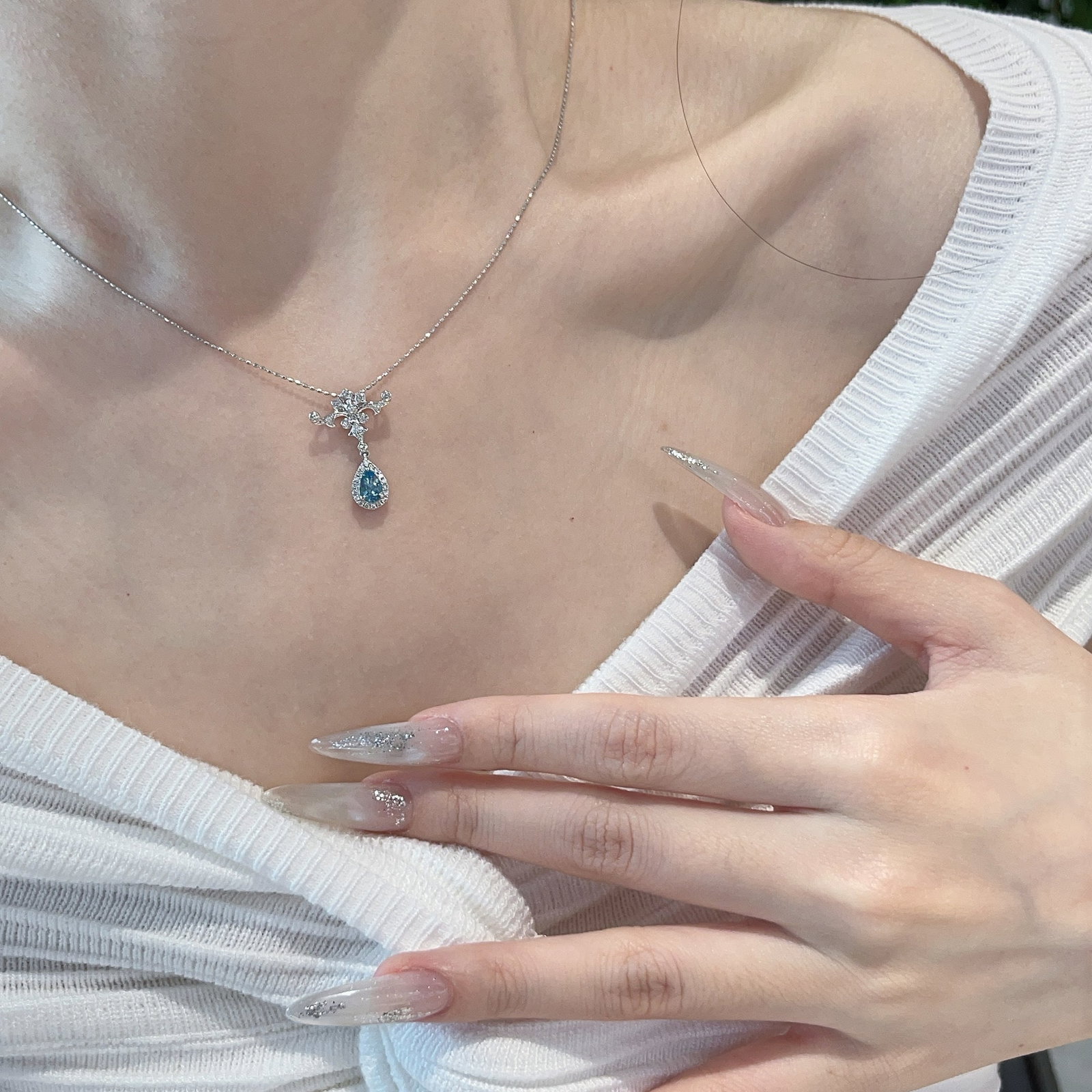 14k Gold 0.42 Ct Natural Aquamarine & Diamond Pendant( Without Chain ) - 4