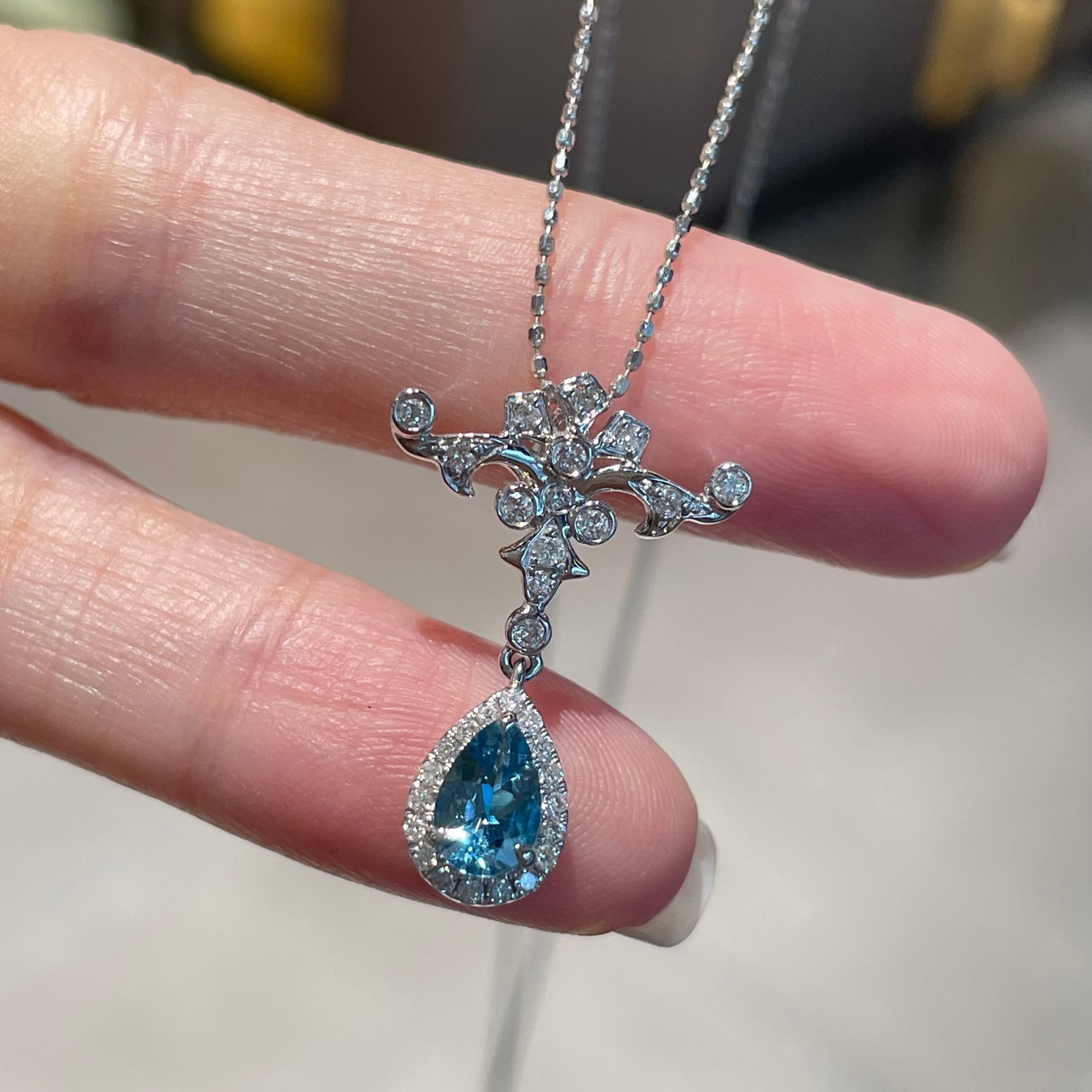 14k Gold 0.42 Ct Natural Aquamarine & Diamond Pendant( Without Chain ) - 7
