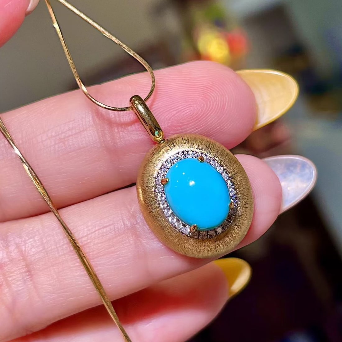 14k Gold 3.04 Ctw Natural Blue Turquoise & Diamond Pendant( Without Chain ) - 2