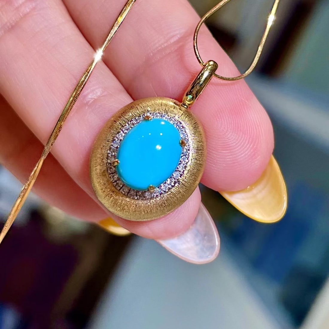 14k Gold 3.04 Ctw Natural Blue Turquoise & Diamond Pendant( Without Chain ) - 3