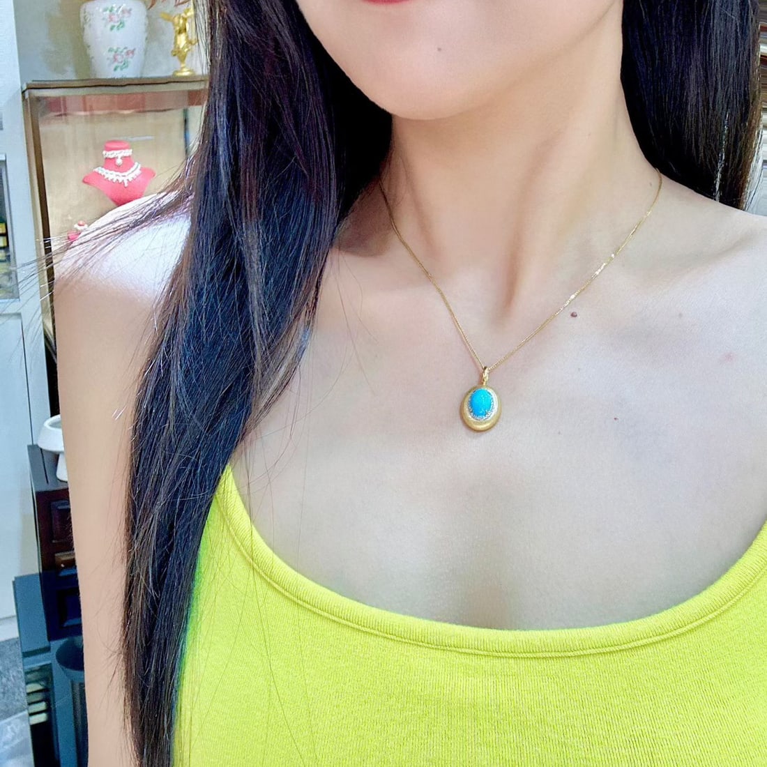 14k Gold 3.04 Ctw Natural Blue Turquoise & Diamond Pendant( Without Chain ) - 4