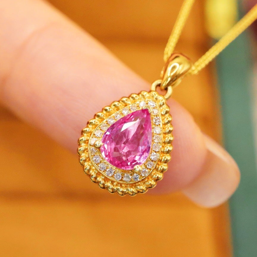 14k Gold 0.99 Ctw Natural Padparadscha Sapphire & Diamond Pendant( Without Chain ) - 3