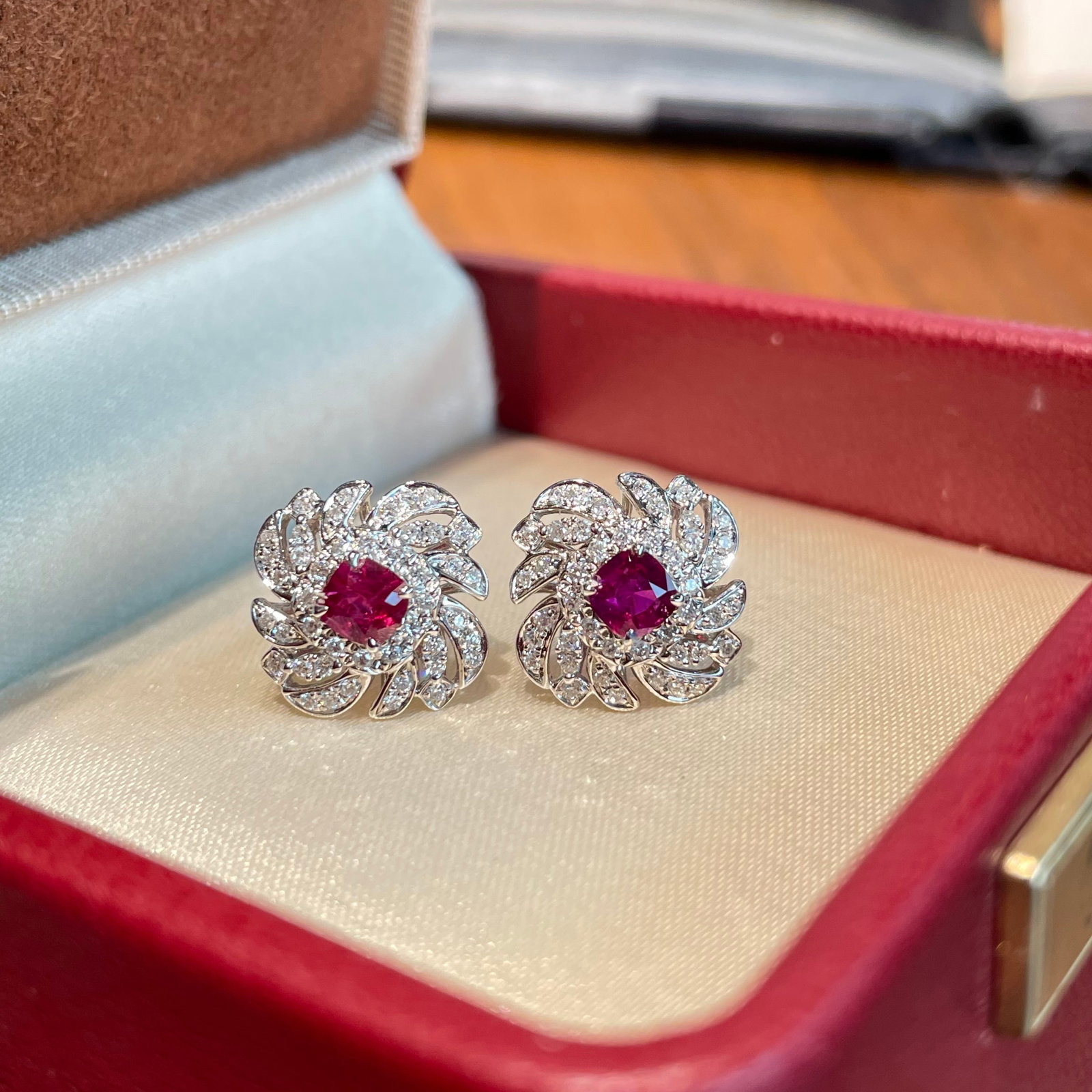14k Gold 0.54 Ct Natural Ruby & Diamond Earrings - 4