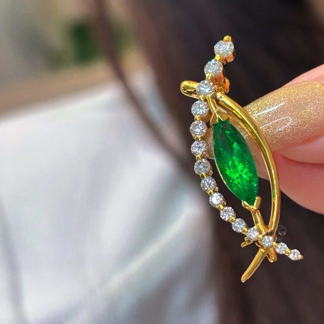 14k Gold 1.79 Ctw Vivid Green Natural Emerald & Diamond Brooch/pendant( Without Chain ) - 5