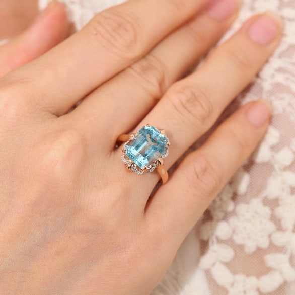 14k Gold 5.72 Ct Natural Aquamarine & Diamond Ring - 7