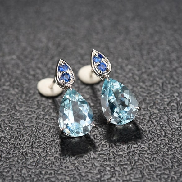 14k Gold 3.68 Ct Natural Aquamarine & Sapphire Earrings - 2
