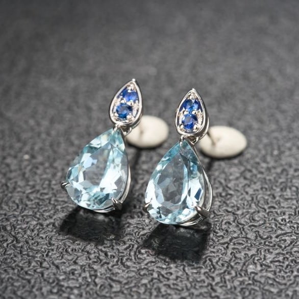 14k Gold 3.68 Ct Natural Aquamarine & Sapphire Earrings - 3