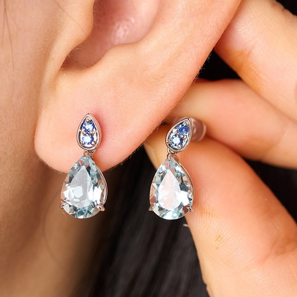 14k Gold 3.68 Ct Natural Aquamarine & Sapphire Earrings - 7