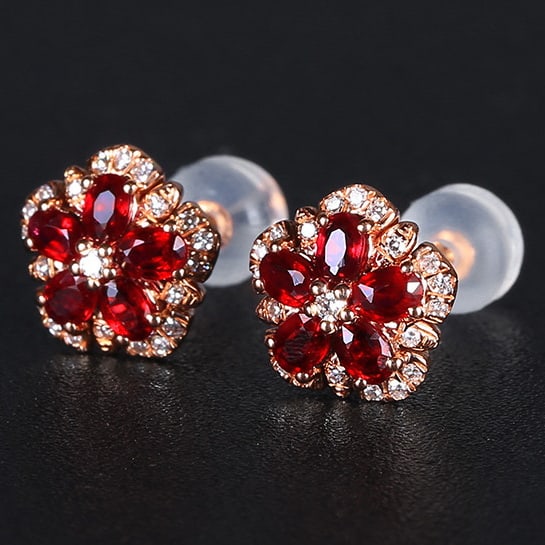 14k Gold 1.10 Ctw Vivid Red Natural Ruby & Diamond Earrings - 2