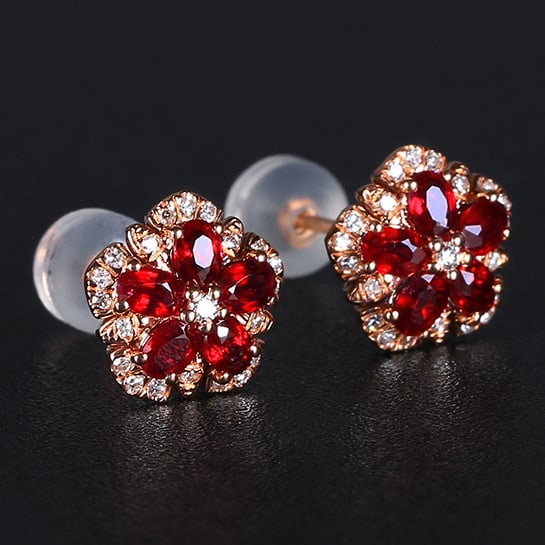 14k Gold 1.10 Ctw Vivid Red Natural Ruby & Diamond Earrings - 3