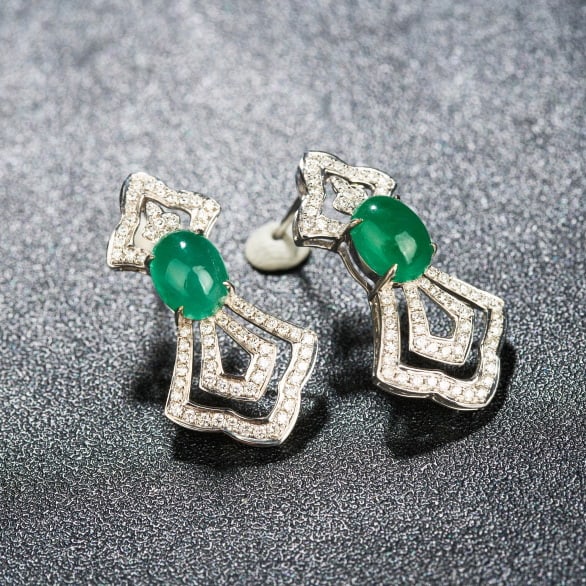 14k Gold 3.79 Ctw Vivid Green Natural Emerald & Diamond Earrings - 2