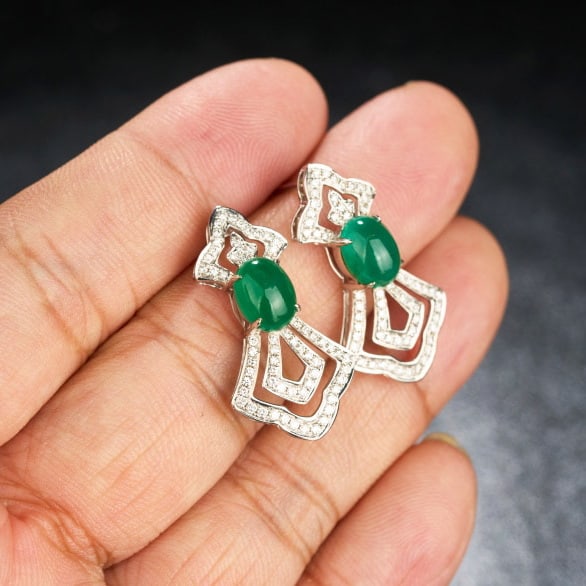 14k Gold 3.79 Ctw Vivid Green Natural Emerald & Diamond Earrings - 6