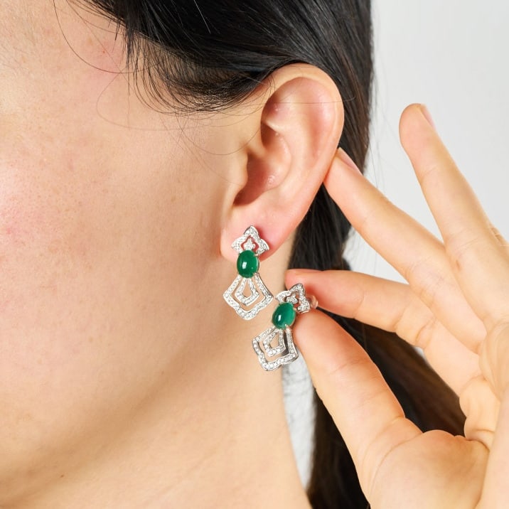 14k Gold 3.79 Ctw Vivid Green Natural Emerald & Diamond Earrings - 7