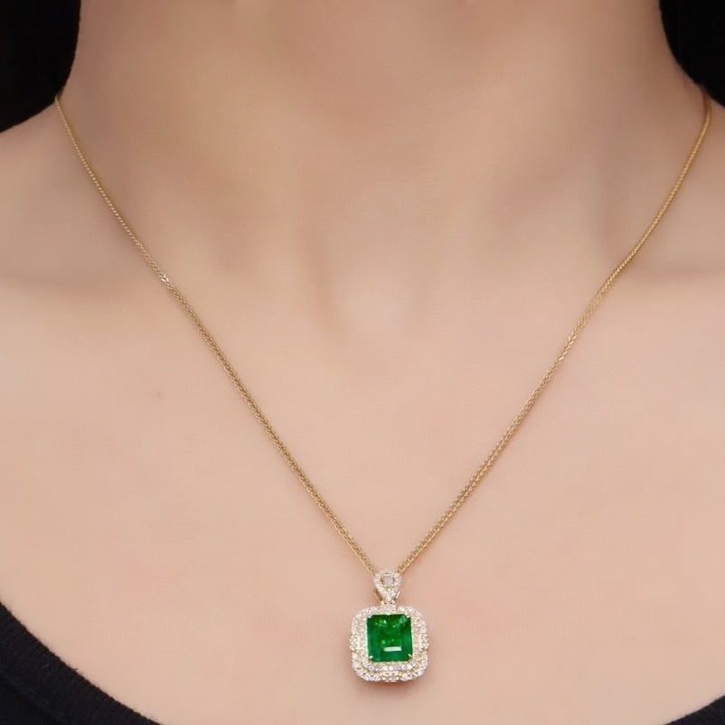 14k Gold 1.68 Ctw Vivid Green Natural Emerald & Diamond Pendant( Without Chain ) - 5