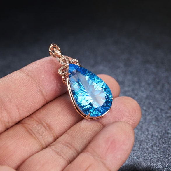 14k Gold 24 Ct Natural Topaz & Diamond Pendant( Without Chain ) - 8
