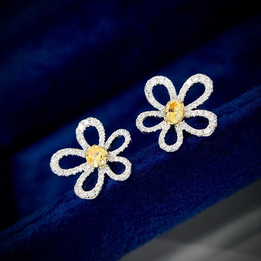 14k Gold 0.5 Ct Natural Color Diamond & Flowers Earrings - 2