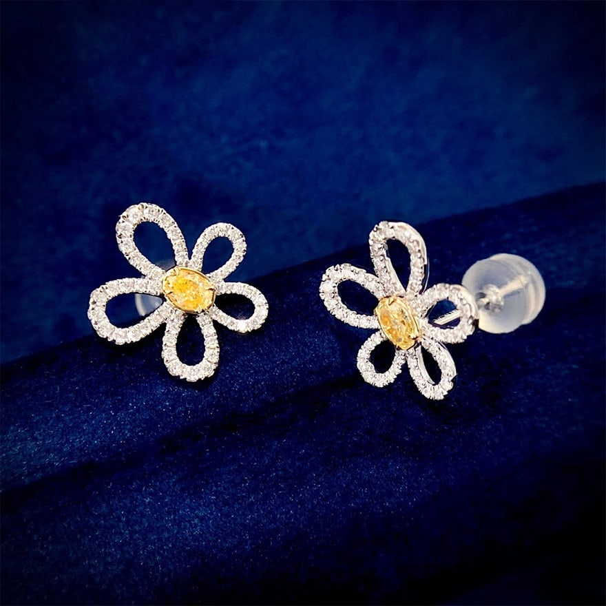 14k Gold 0.5 Ct Natural Color Diamond & Flowers Earrings - 4