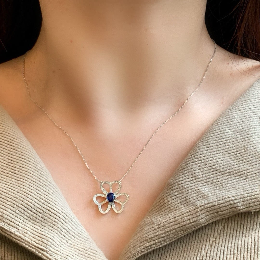 14k Gold 0.84 Ctw Natural Sapphire & Diamond Necklace - 2