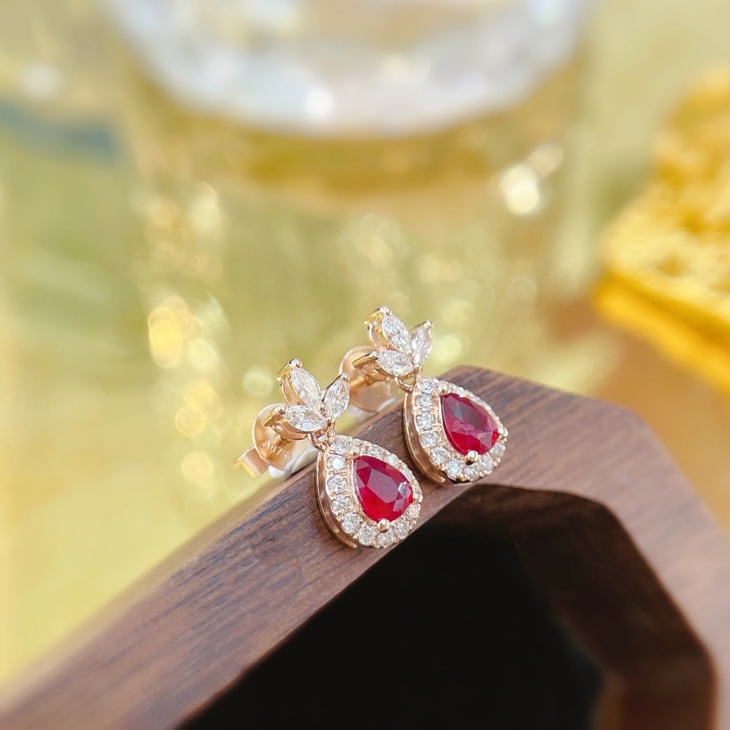 14k Gold 0.82 Ctw Natural Ruby & Diamond Earrings - 4