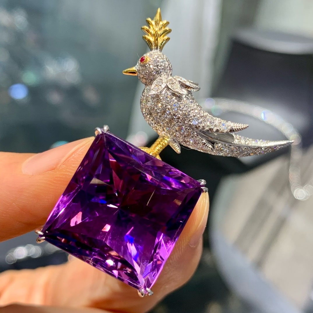 14k Gold 24.68 Ctw Natural Amethyst & Diamond Brooch/pendant( Without Chain ) - 2