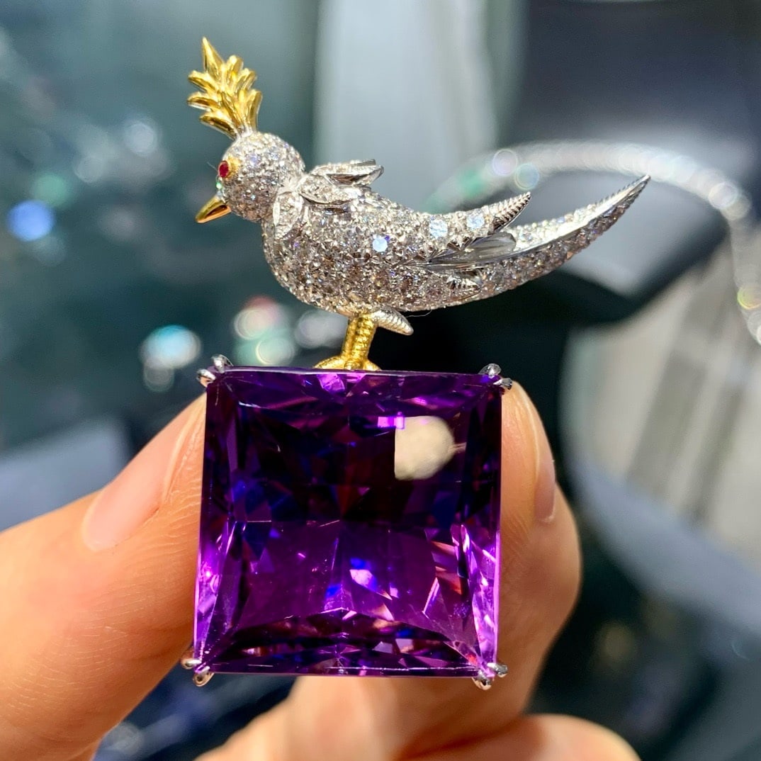 14k Gold 24.68 Ctw Natural Amethyst & Diamond Brooch/pendant( Without Chain ) - 3