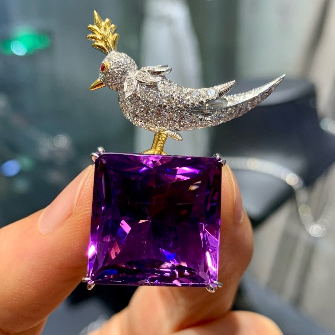 14k Gold 24.68 Ctw Natural Amethyst & Diamond Brooch/pendant( Without Chain ) - 4