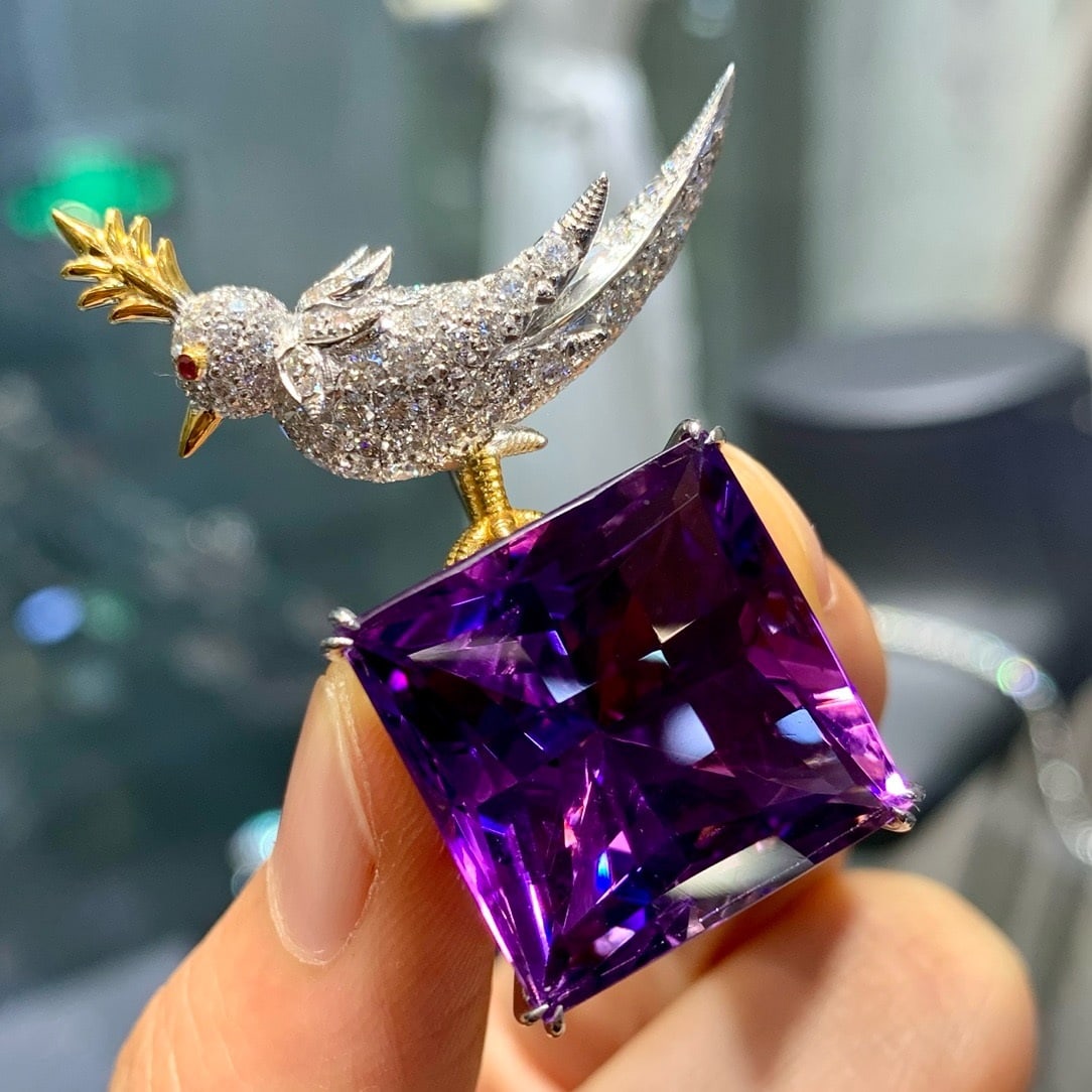 14k Gold 24.68 Ctw Natural Amethyst & Diamond Brooch/pendant( Without Chain ) - 7