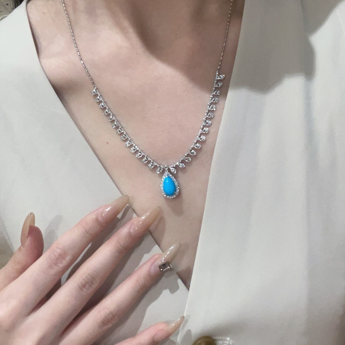 14k Gold 2.4 Ct Natural Blue Turquoise & Diamond & Sapphire Necklace - 2