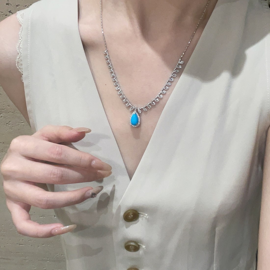 14k Gold 2.4 Ct Natural Blue Turquoise & Diamond & Sapphire Necklace - 3