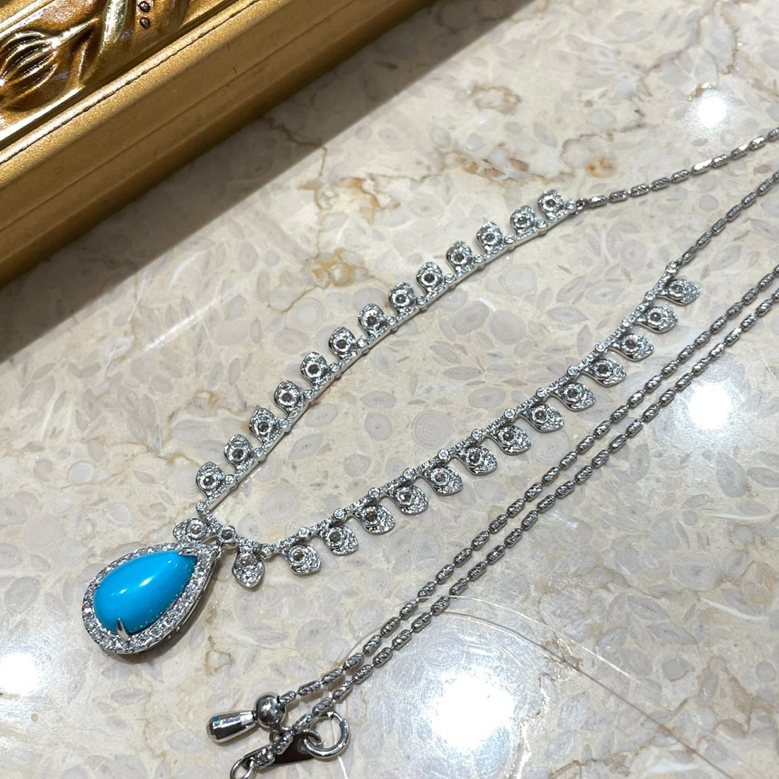 14k Gold 2.4 Ct Natural Blue Turquoise & Diamond & Sapphire Necklace - 4