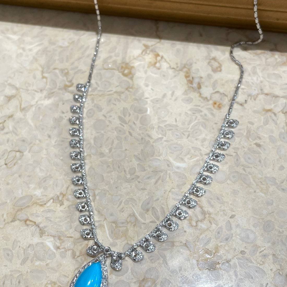 14k Gold 2.4 Ct Natural Blue Turquoise & Diamond & Sapphire Necklace - 5