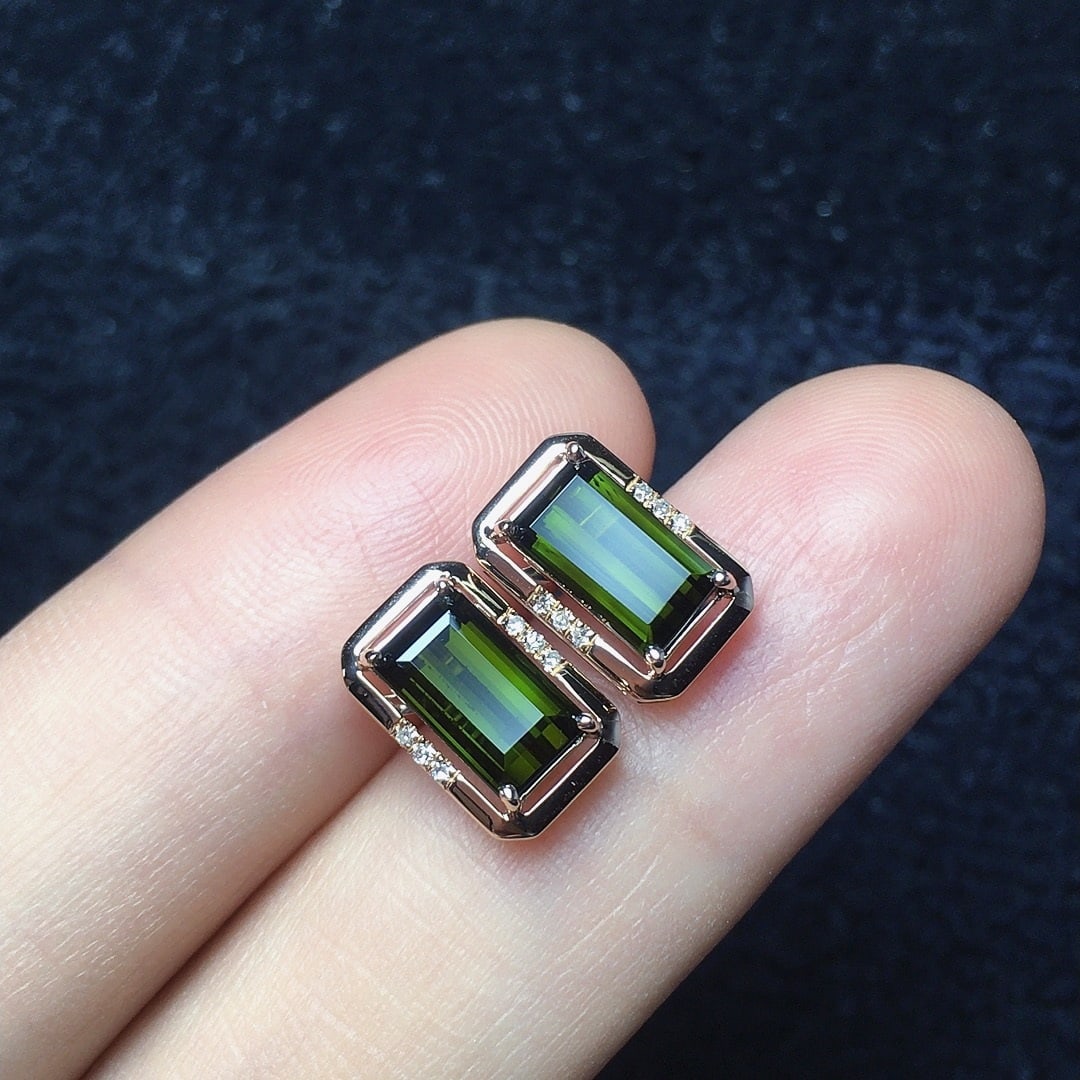 14k Gold 2.48 Ct Natural Tourmaline & Diamond Earrings - 2