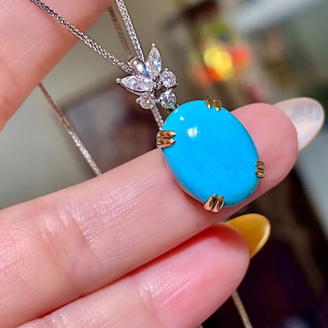 14k Gold 8.01 Ctw Natural Blue Turquoise & Diamond Pendant( Without Chain ) - 2