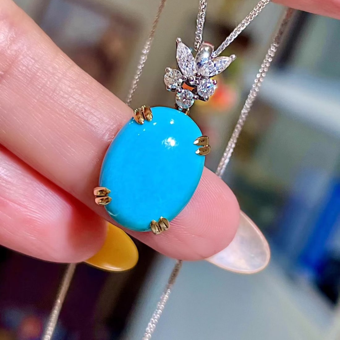 14k Gold 8.01 Ctw Natural Blue Turquoise & Diamond Pendant( Without Chain ) - 3