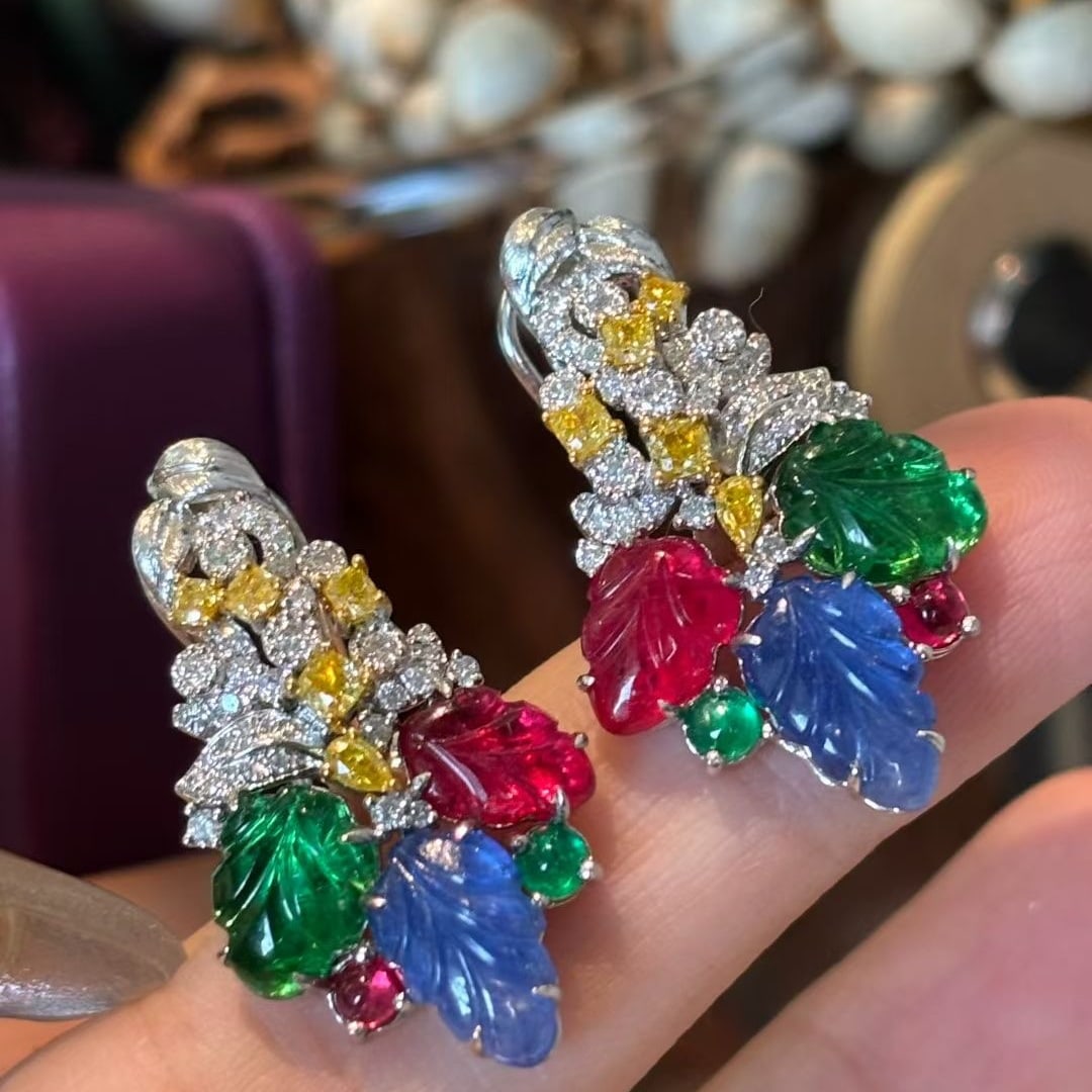 14k Gold 7.31 Ct Natural Spinel & Sapphire & Emerald Earrings - 2