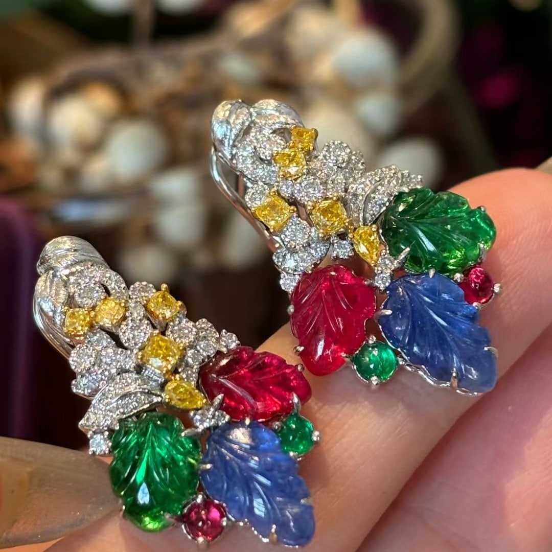 14k Gold 7.31 Ct Natural Spinel & Sapphire & Emerald Earrings - 3