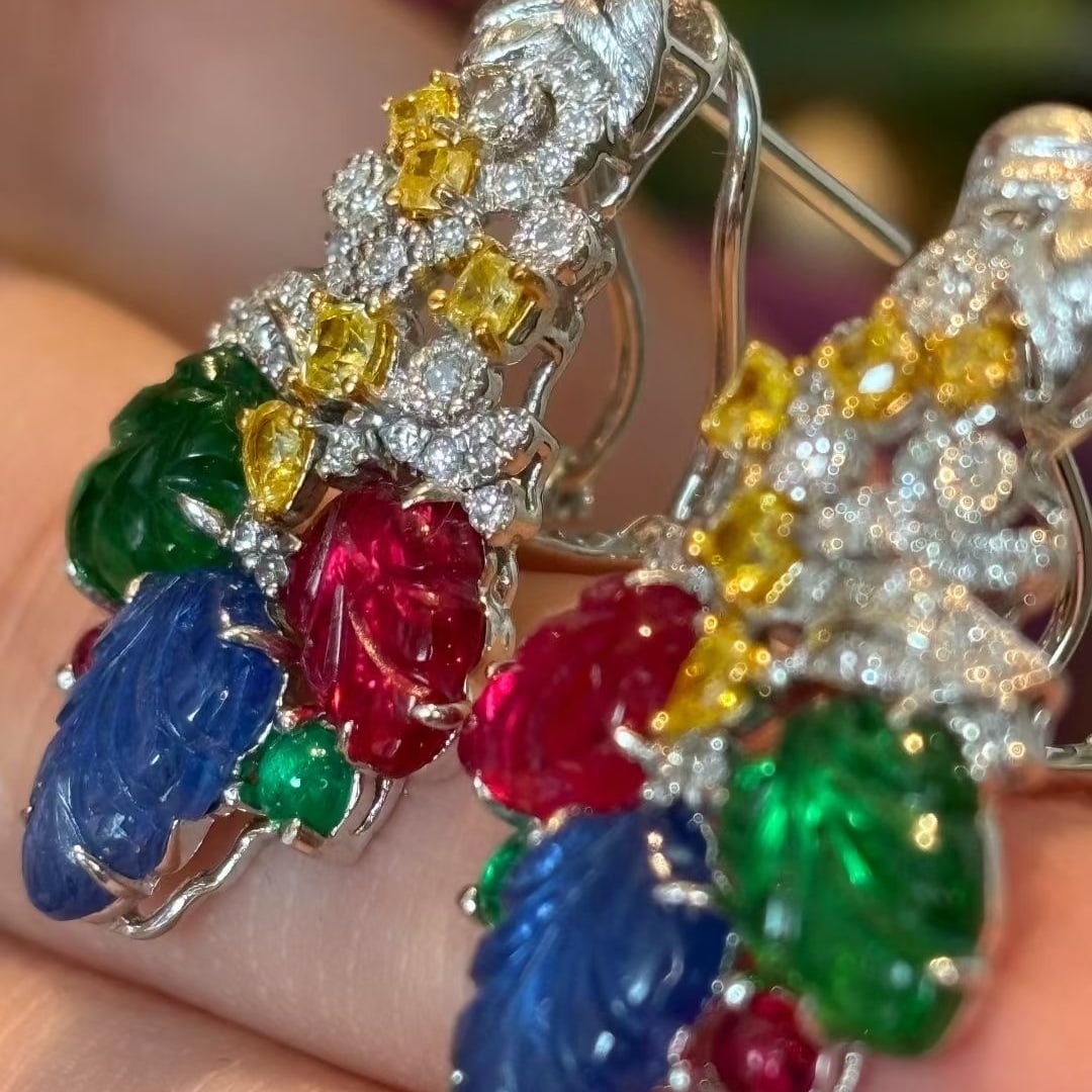 14k Gold 7.31 Ct Natural Spinel & Sapphire & Emerald Earrings - 4
