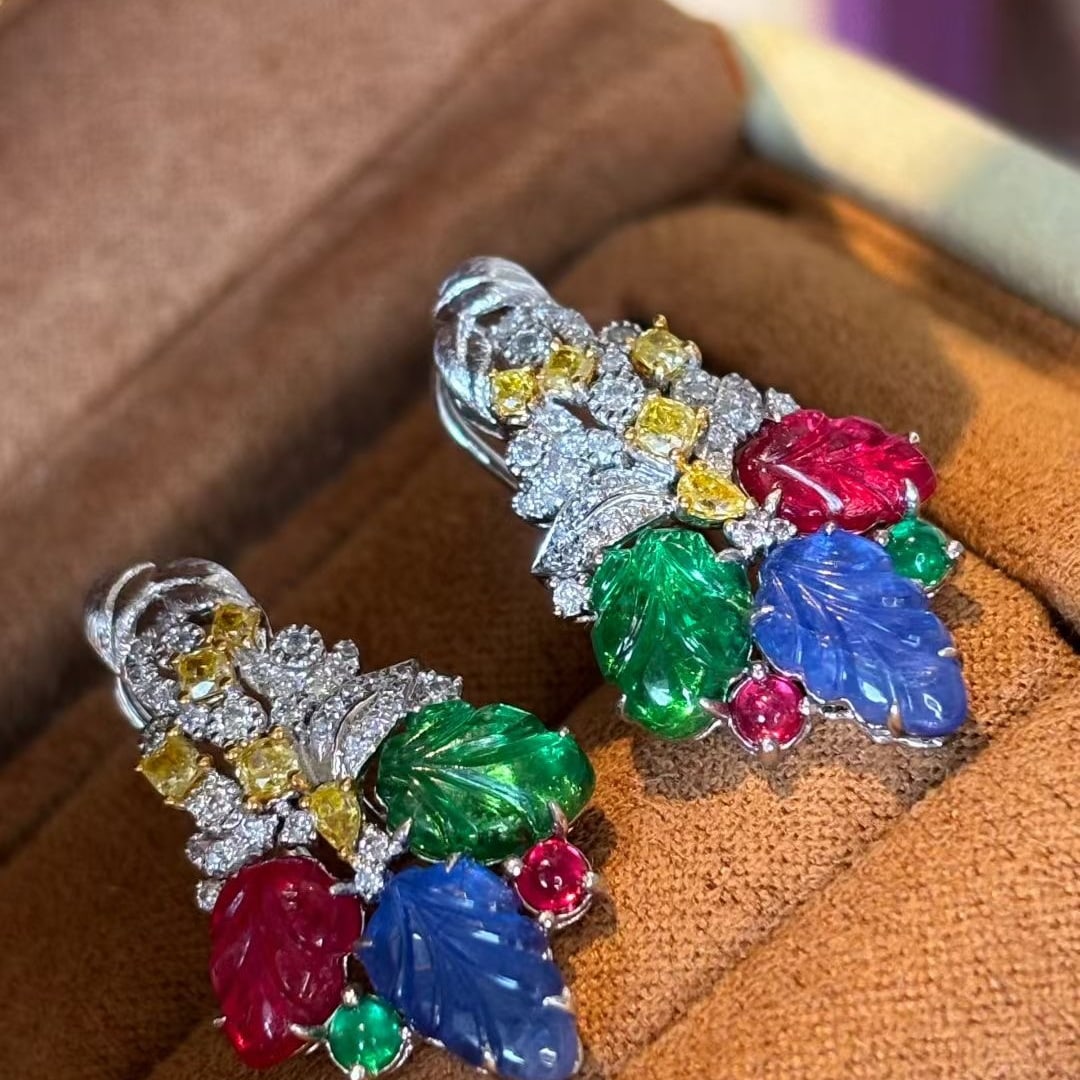 14k Gold 7.31 Ct Natural Spinel & Sapphire & Emerald Earrings - 5