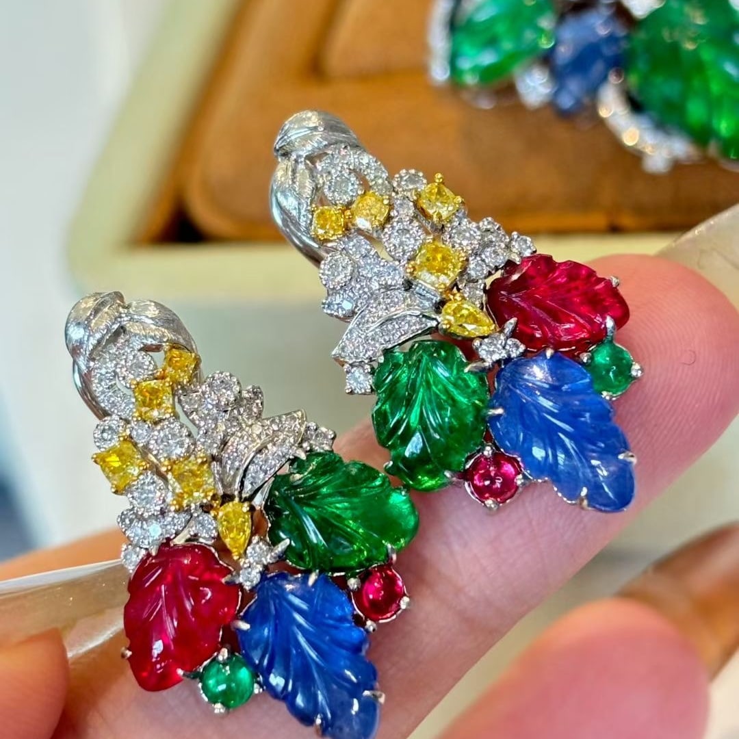14k Gold 7.31 Ct Natural Spinel & Sapphire & Emerald Earrings - 6