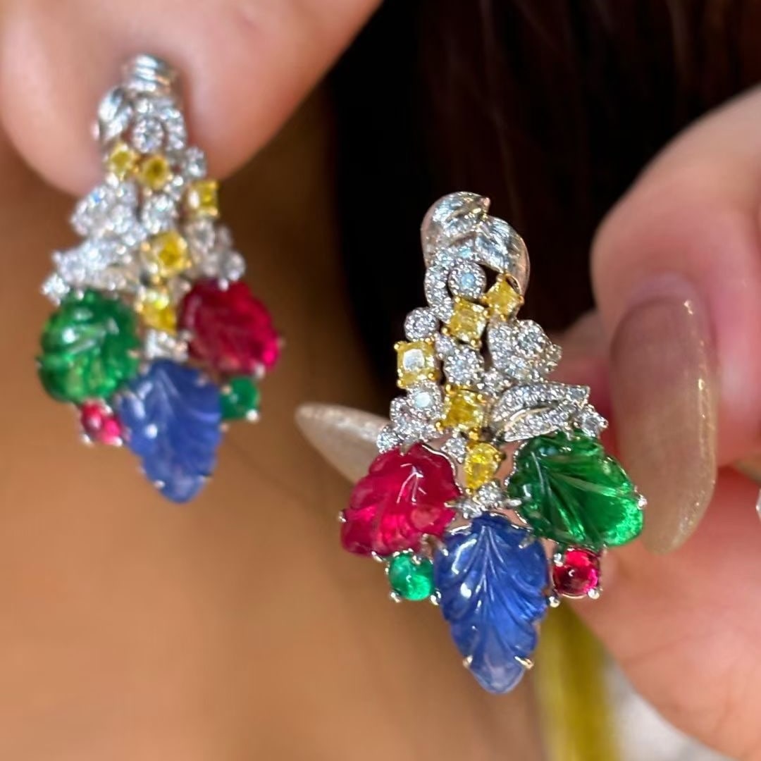 14k Gold 7.31 Ct Natural Spinel & Sapphire & Emerald Earrings - 8