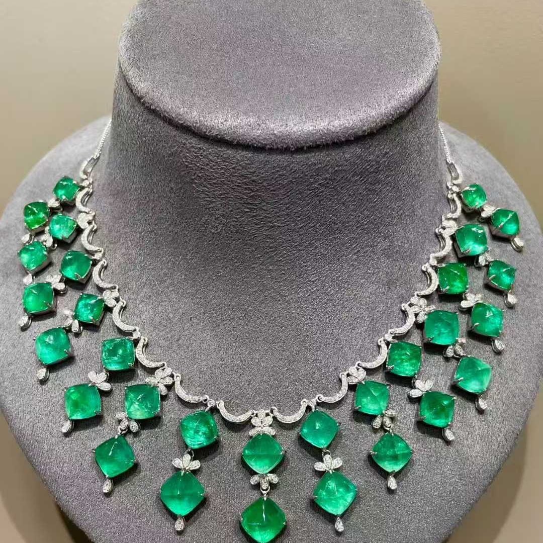 14k Gold 49.50 Ctw Natural Emerald & Diamond Necklace - 5
