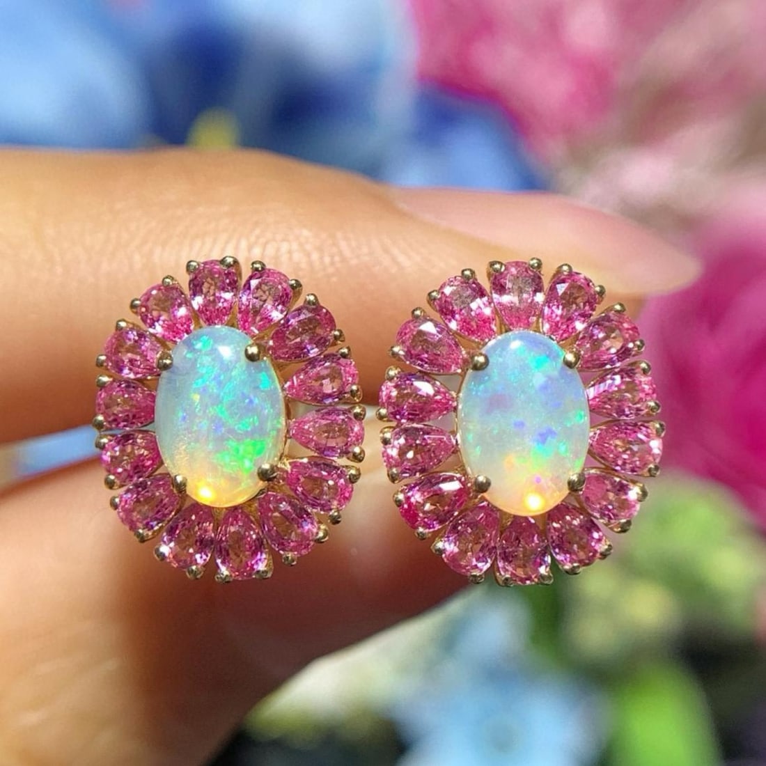 14k Gold 2.89 Ctw Natural Opal & Sapphire Earrings - 2