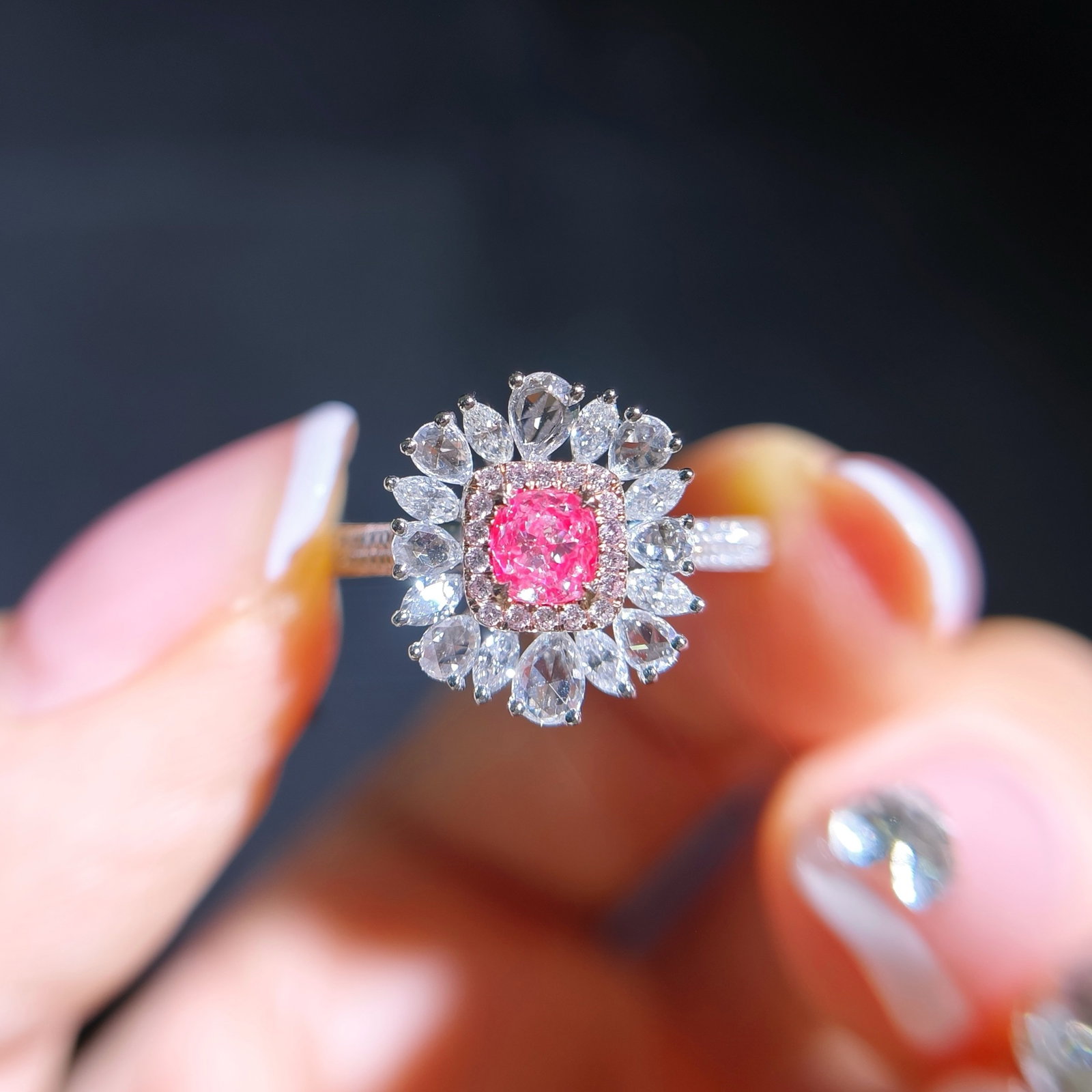 14k Gold 0.93 Ctw Natural Pink Diamond & Diamond Ring: Ref:231101036 // gold content:14k gold // ring size:7. 25us // // main gemstone:pink diamond // shape:cushion // carat weight:0. 30ct // color:pink // treatment:natural // // adjacent gemstone 2 :