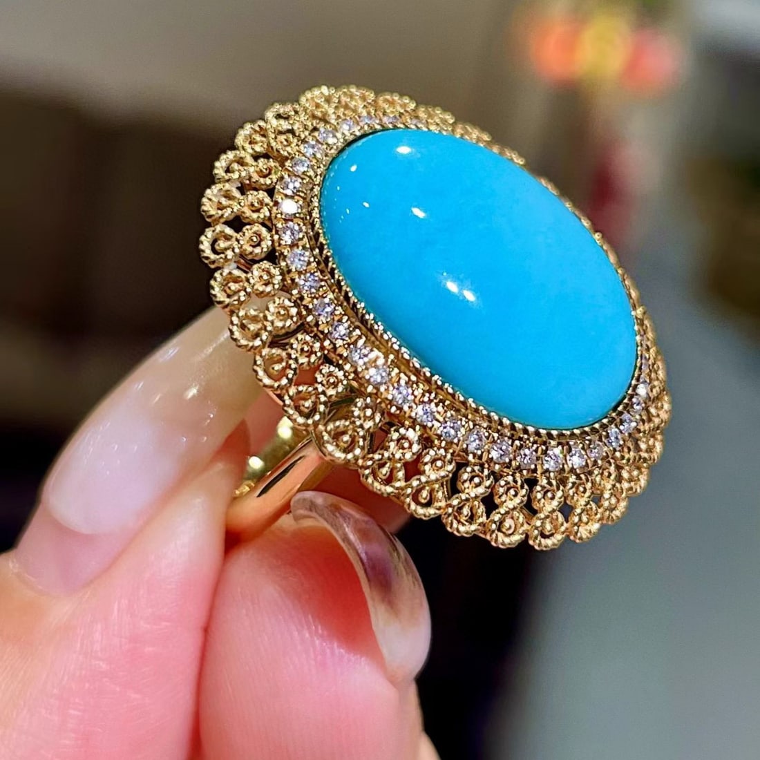 14k Gold 9.04 Ctw Natural Blue Turquoise & Diamond Ring - 3